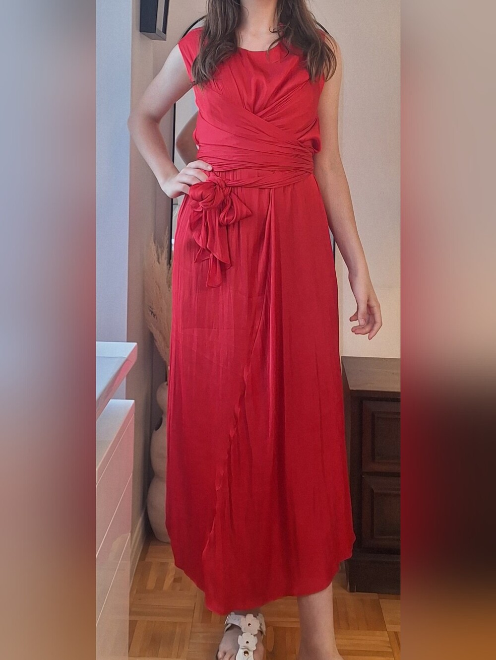 Zara Red Midi Dress with Waist Tie like new, worn once.